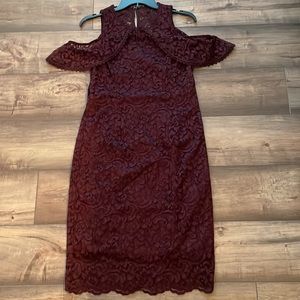 WHBM cabernet colored cold shoulder lace sheath dress size 6. New with tags.